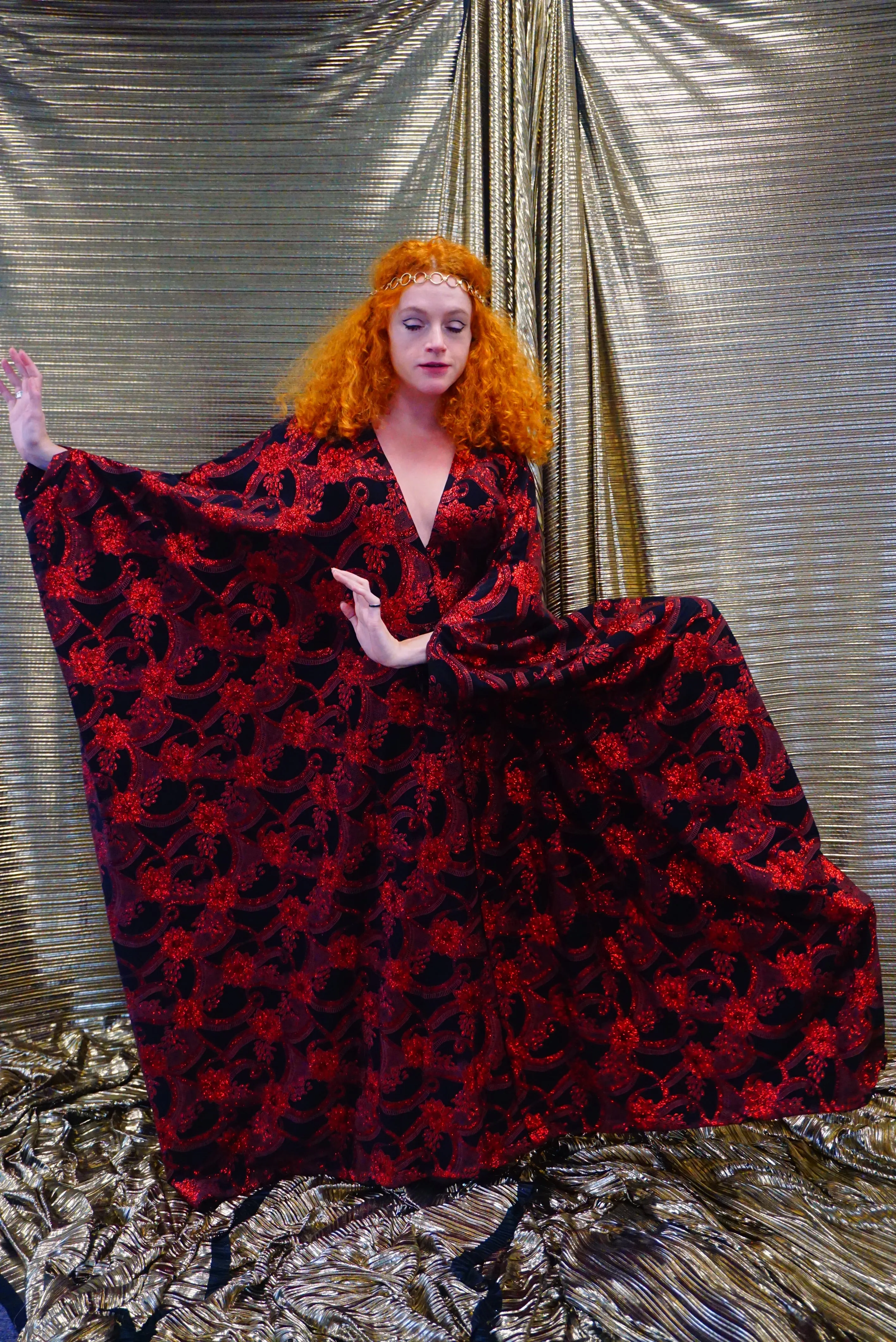 Red and black floral heavily glittered  kaftan Gown