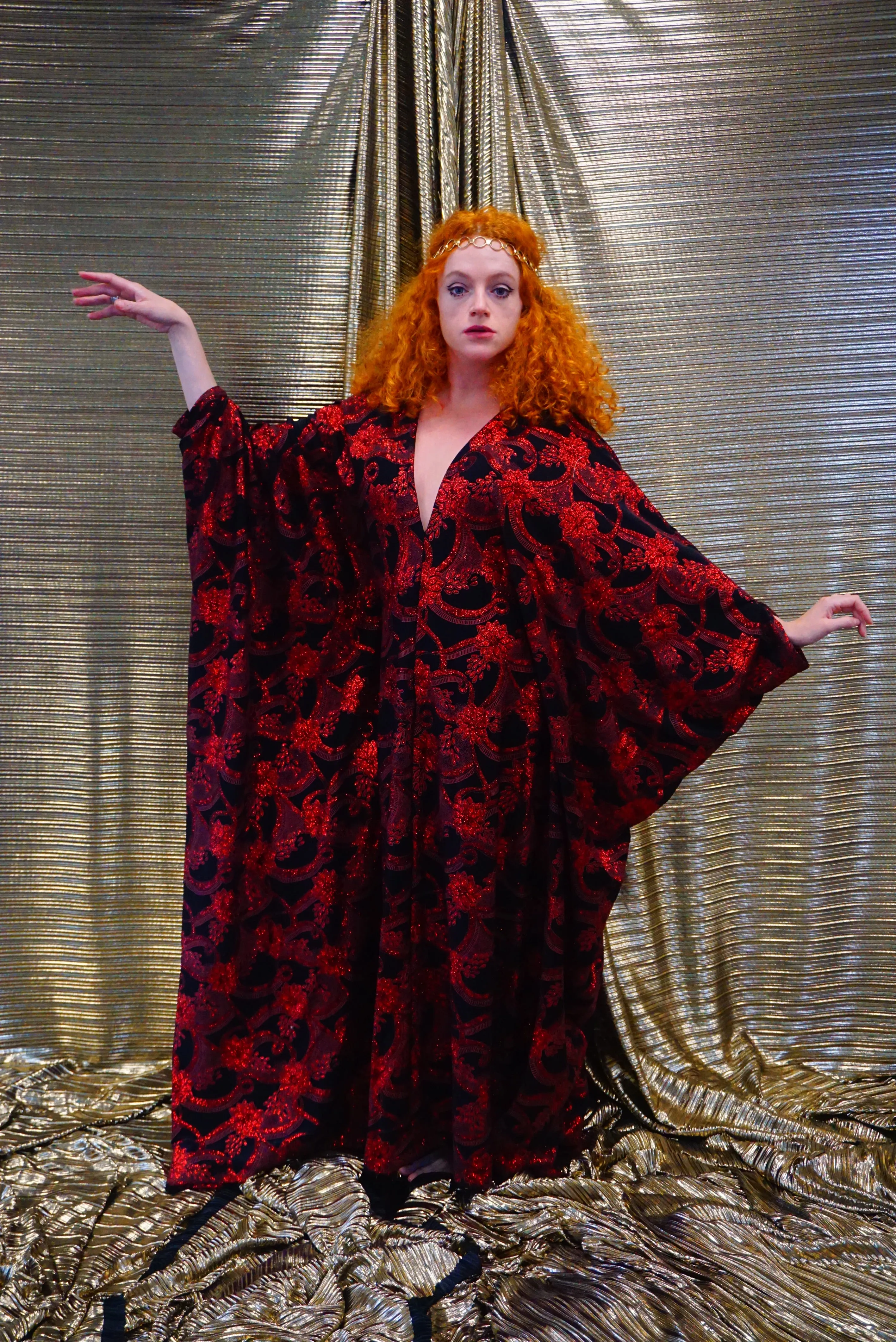 Red and black floral heavily glittered  kaftan Gown