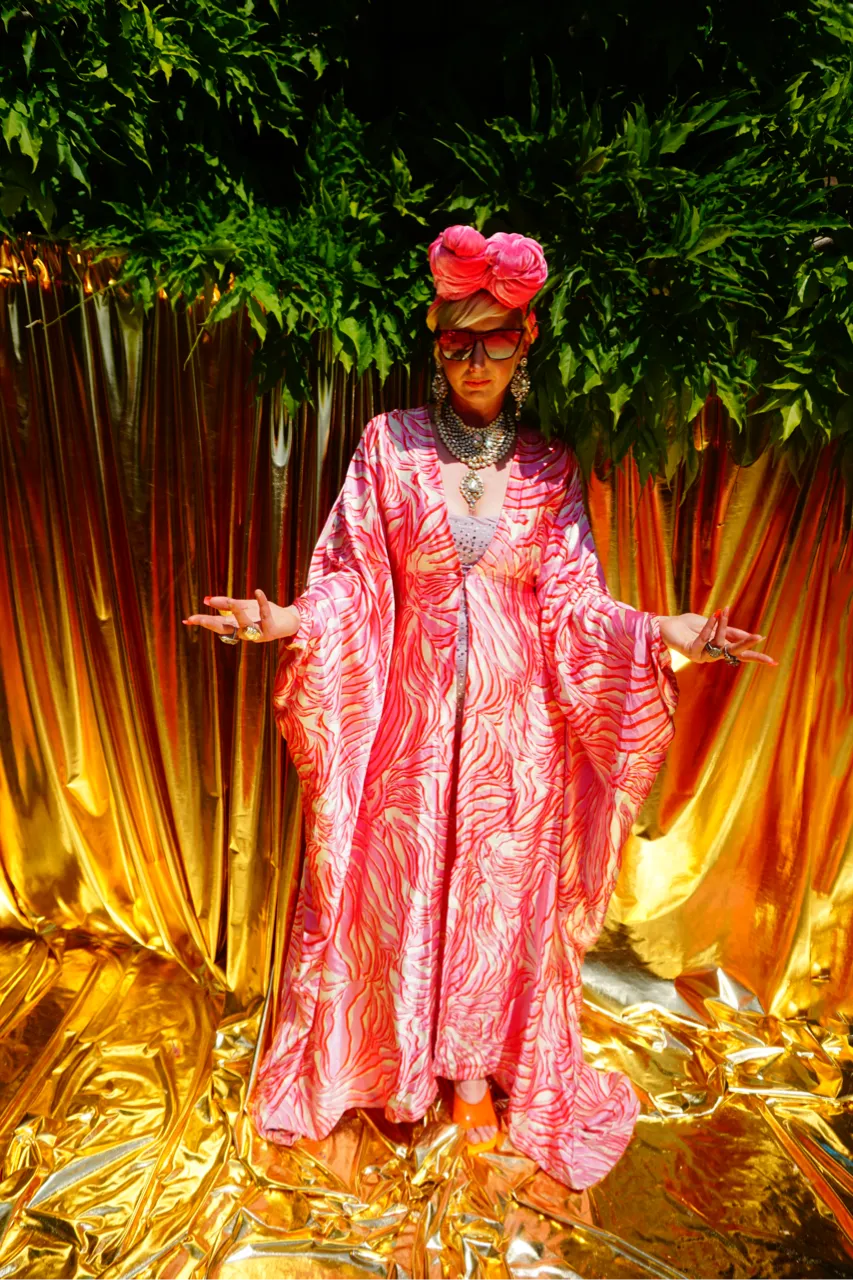 Red and Pink Viscose satin print Kaftan Gown / Kimono Robe