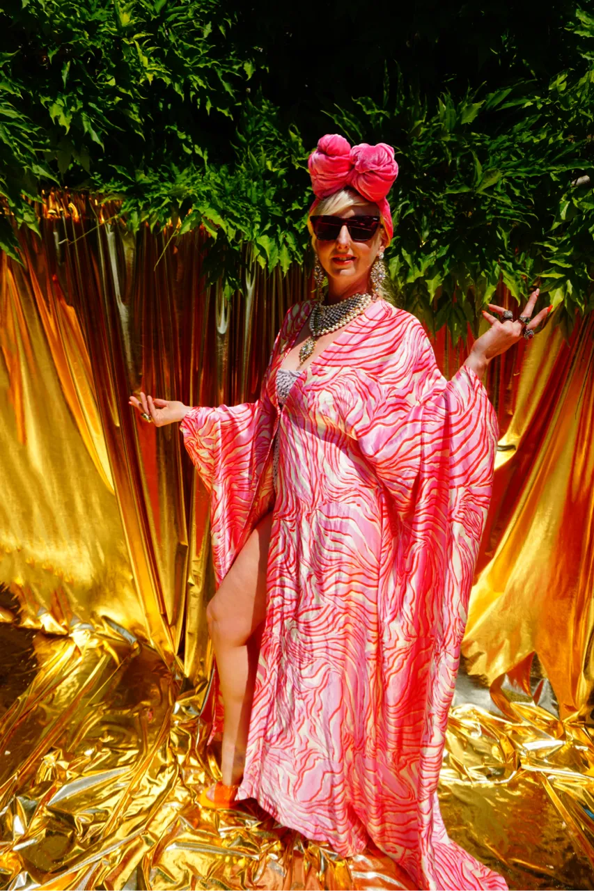 Red and Pink Viscose satin print Kaftan Gown / Kimono Robe