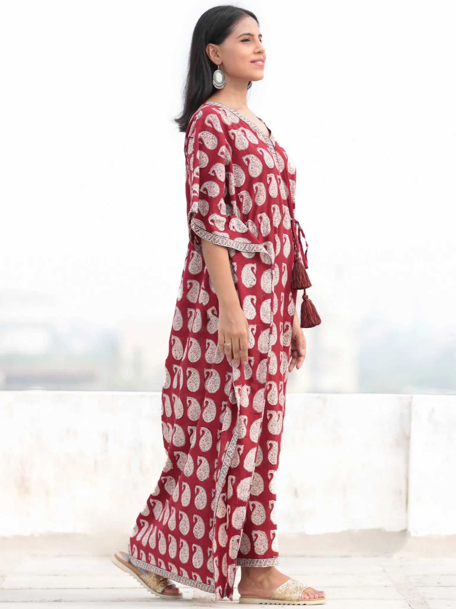 Red Beige Black Hand Block Printed Kaftan - K004F1716