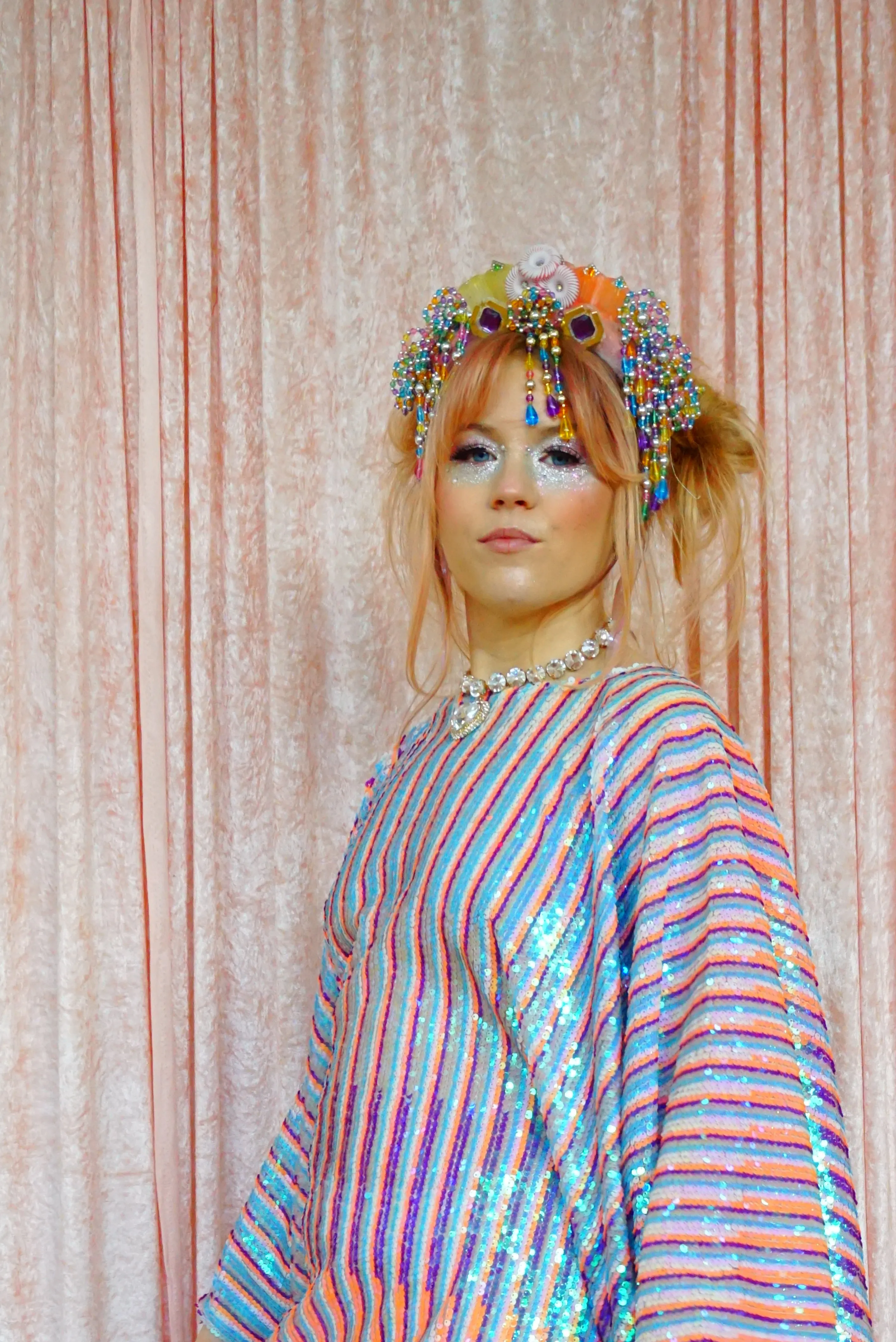 Retro Iridescent Vertical Striped Print midi Kaftan Gown