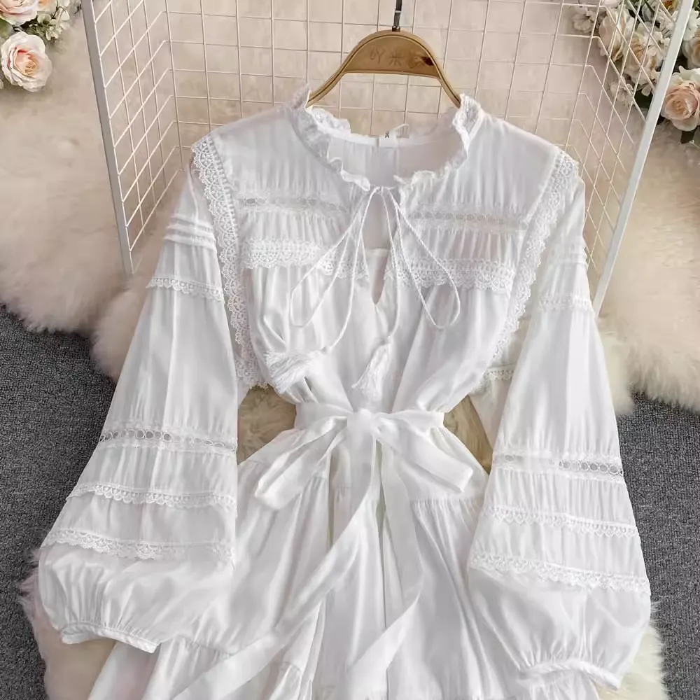 Round Neck Long Sleeves Lace A Line Dress Fairy Skirt Fall Dress 1612