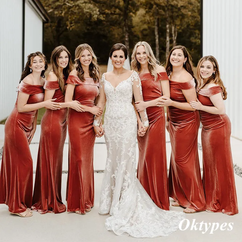 Sexy Velvet Off Shoulder Mermaid Floor Length Bridesmaid Dresses, BDS0343