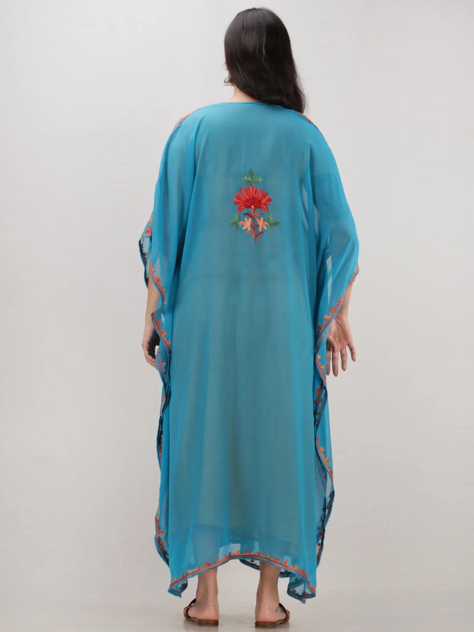 Sky Blue Multicolor Aari Embroidered Kashmere Free Size Georgette Kaftan  - K12K004
