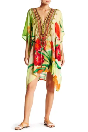 Tropical Print Short Kaftan V Neck