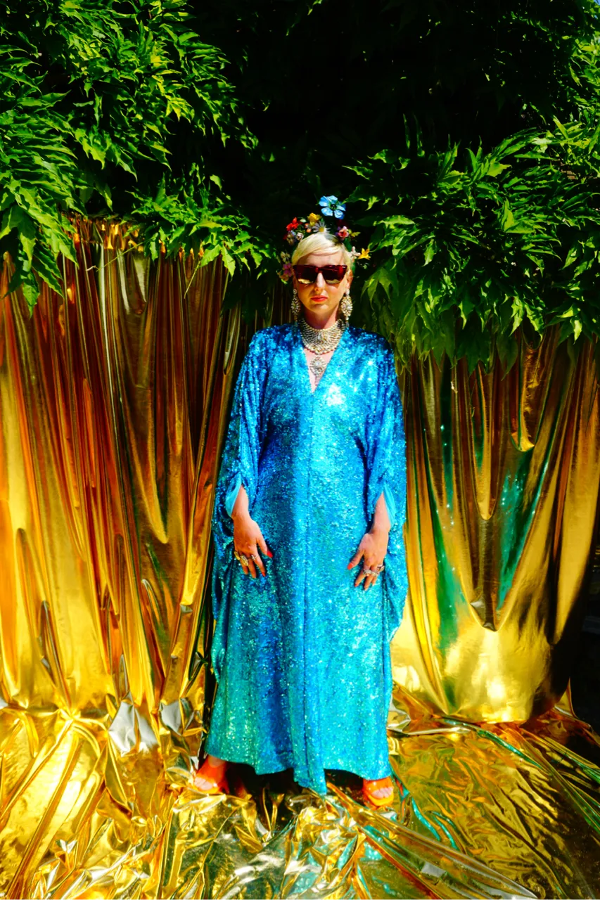 Turquoise Holographic Sequin Maxi Kaftan Gown / Kimono Robe