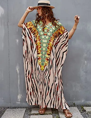 V-Neck Leopard Print Kaftan for Women Beach Cover Up