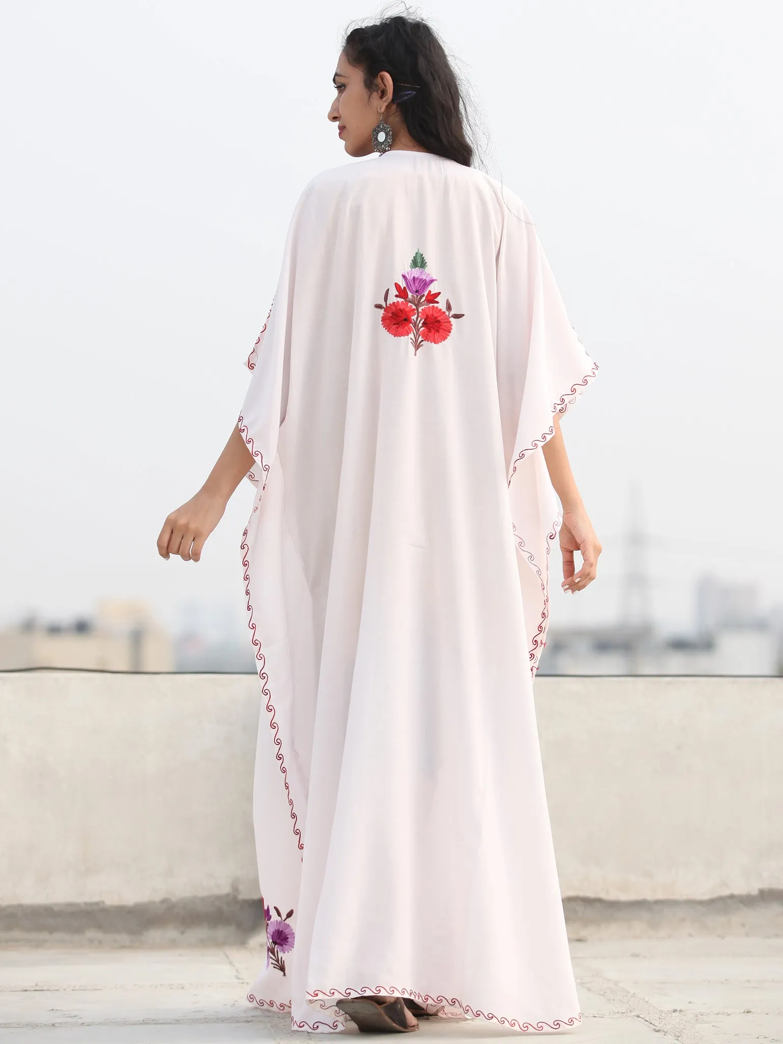 White Multicolor Aari Embroidered Kashmere Free Size Kaftan in Crushed Cotton - K11K080