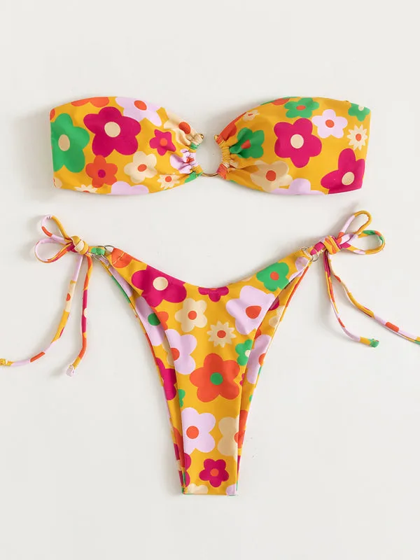 Wireless Bandeau Bra with Tie-Side Bikini -  2 Piece Floral Swimwear