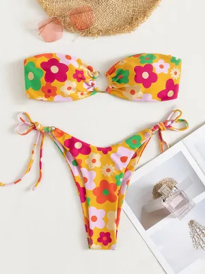 Wireless Bandeau Bra with Tie-Side Bikini -  2 Piece Floral Swimwear