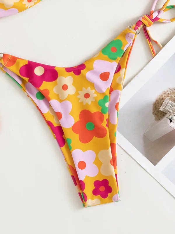 Wireless Bandeau Bra with Tie-Side Bikini -  2 Piece Floral Swimwear