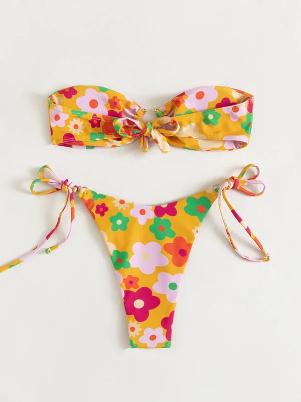 Wireless Bandeau Bra with Tie-Side Bikini -  2 Piece Floral Swimwear