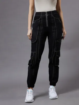 Women's Black Cotton Solid Paneled Regular  Joggers